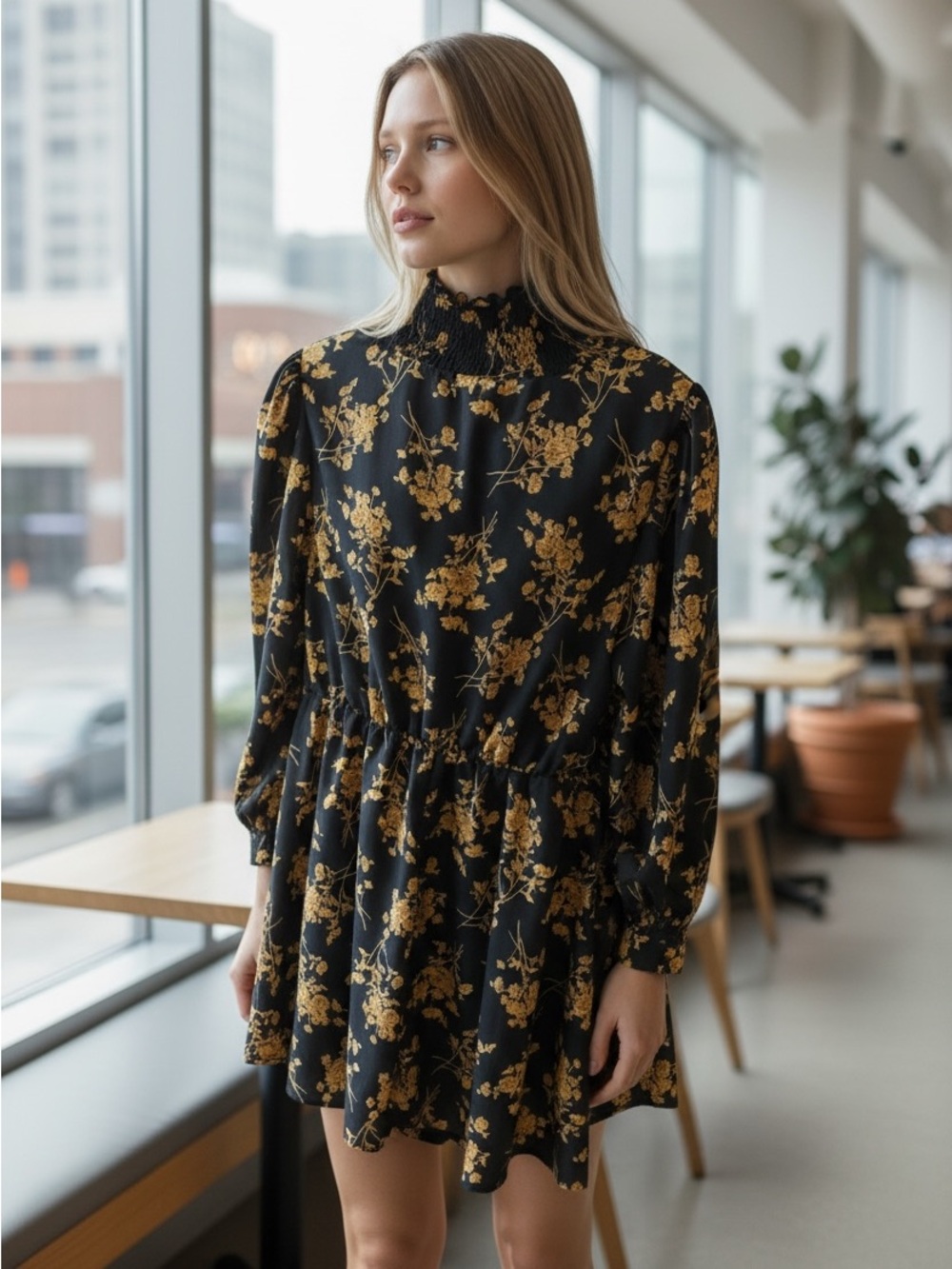 SHEIN WOMENS MOCK NECK FLORAL DRESS GOLD/BLK SZ XL